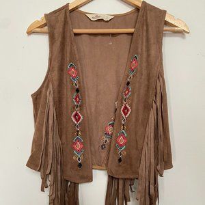 Hollister brown fringe colorful embroidery vest